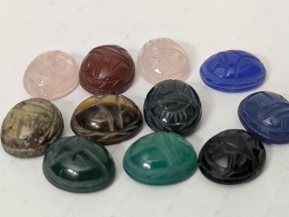 Carved Scarab Cabochons Lot of 11 Multicolor Stone Glass Jewelry Supplies Lot #6